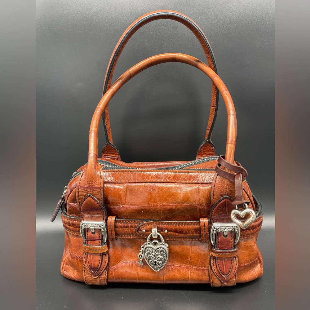 Brighton Tan Crocodile Embossed Leather Vintage Shoulder Bag with Heart Accents